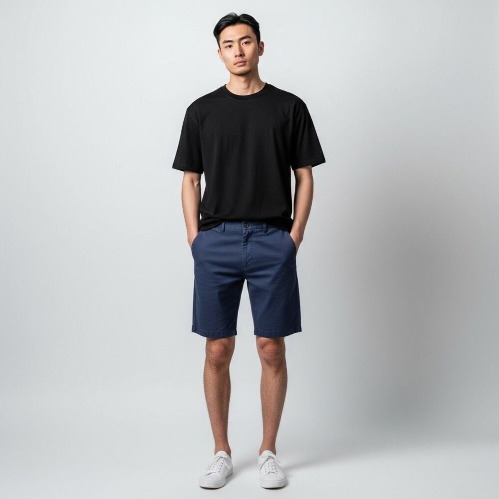 H&M 100% Cotton Solid Navy Blue Flat Front Shorts Button Up Pockets waist 34